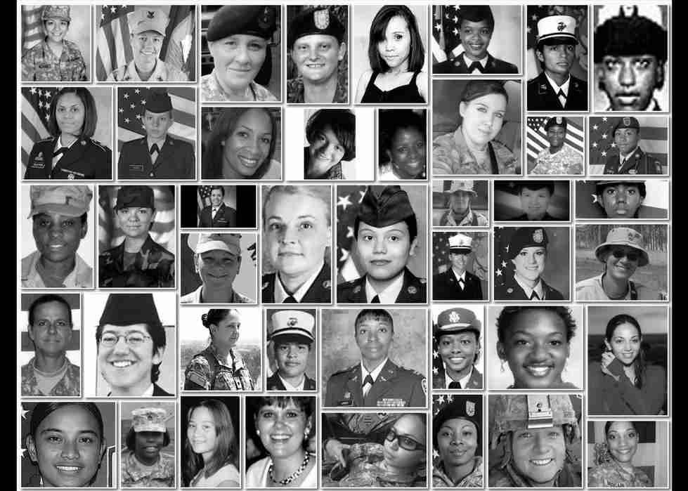 Black and white collage of photographs of women in military uniforms.